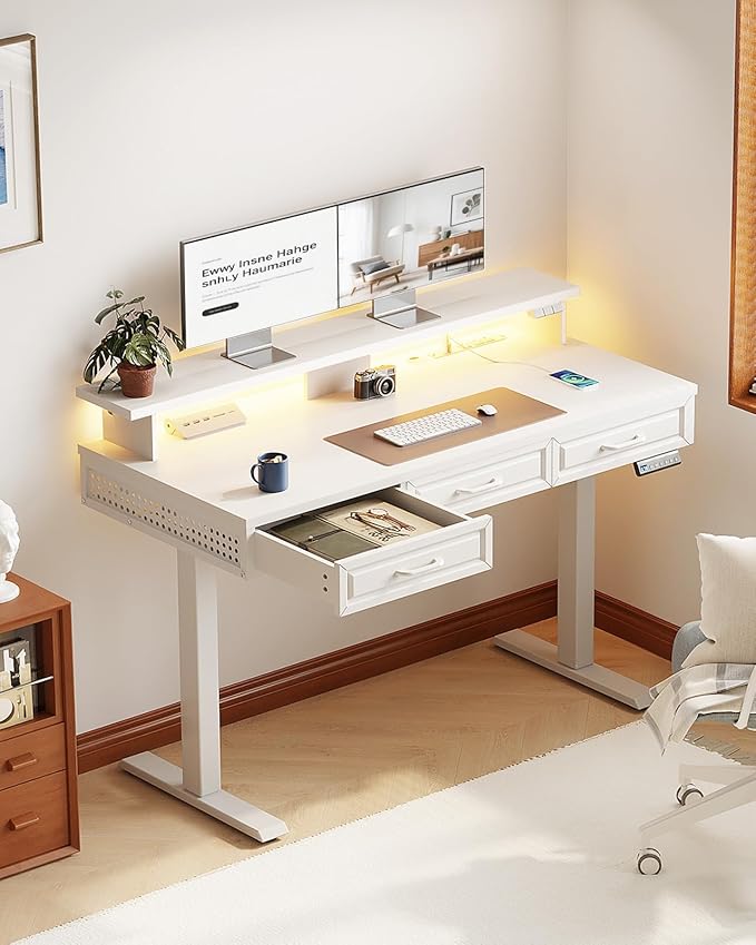 OffiGo Electric Standing Desk with 3 Wooden Drawers, 48 Inch Height Adjustable Desk with Power Outlets & LED Lights, White Sit Stand Table with Monitor Stand for Home, Office, Workstation