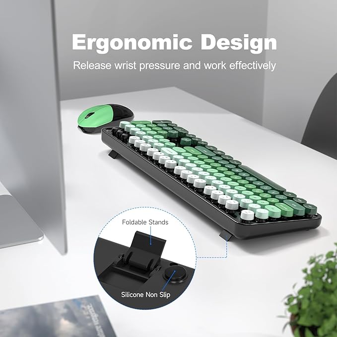 MOFII Wireless Keyboard and Mouse Combo, Full Size 2.4G Plug and Play Typewriter Retro Round Computer Keyboard and Mouse Set for Windows, Computer, Desktop, PC, Notebook - (Black Green Gradient)