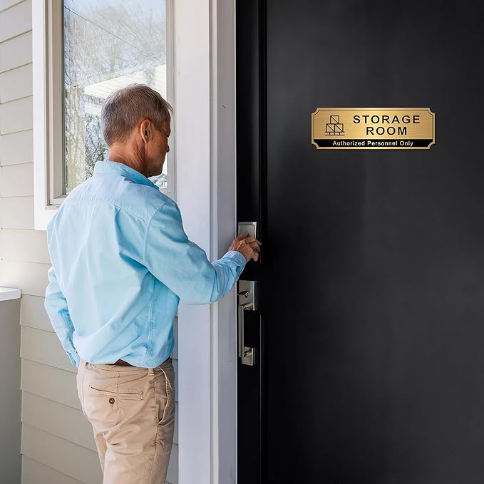 Storage Room Sign for Business Door, Self-Adhesive Durable Modern Brushed Gold Storage Sign, UV and Weather Resistant Authorized Personnel Only Sticker for Home, Business, Restaurants, Private Area
