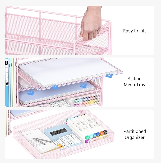 OPNICE Desk Organizer, 5-Tier Paper File Organizer with Drawer & Pen Holder, Office Desk Accessories, Workspace Desktop Organizer for Office Supplies(Pink)