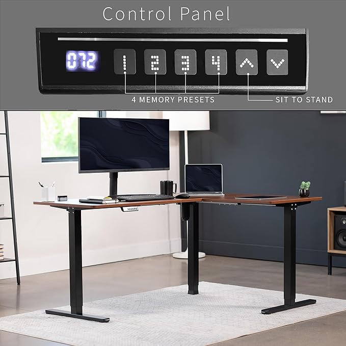 VIVO Electric Corner 63 x 47 inch L-Shaped Standing Desk, Memory Height Adjustment, Dark Walnut Top Black Frame, DESK-E3CTD-47