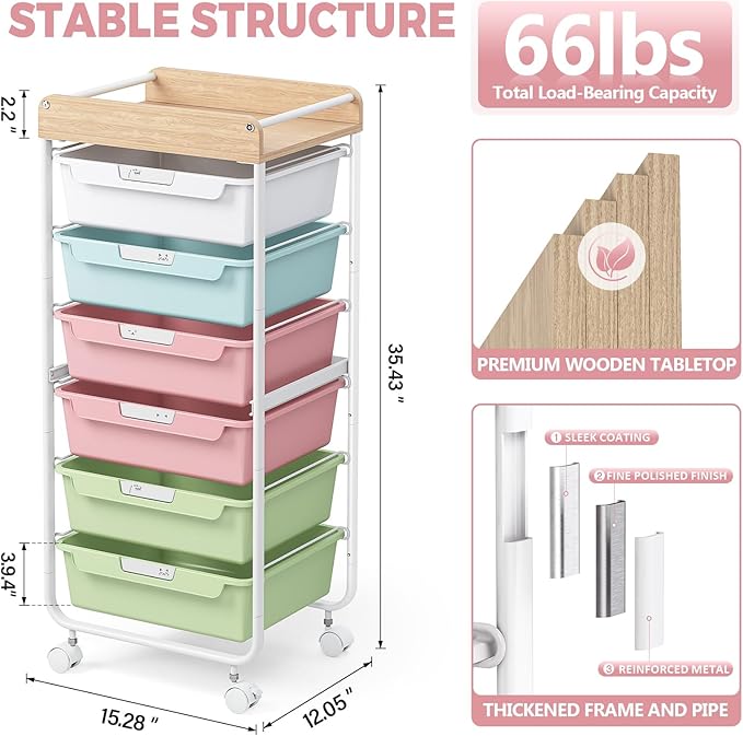 Rolling Storage Utility Cart With 6 Drawers,Art Supply Craft Organizer,Sewing Makeup Organizer And Storage,Office Organization Wooden Tabletop,Colorful