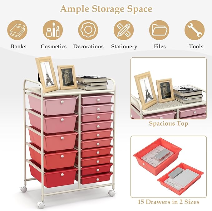 HAPPYGRILL 15-Drawer Rolling Cart, Storage Carts with Removable Drawers & Steel Frame, Utility Cart on Lockable Wheels for Home, School, Office, Pink