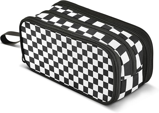 BOENLE Black White Checkered Pencil Case Box Boys Girls Large Pencil Pouch Zipper Compartments Big Capacity Stationery Pen Bag Organizer for Kids Teens Adults School