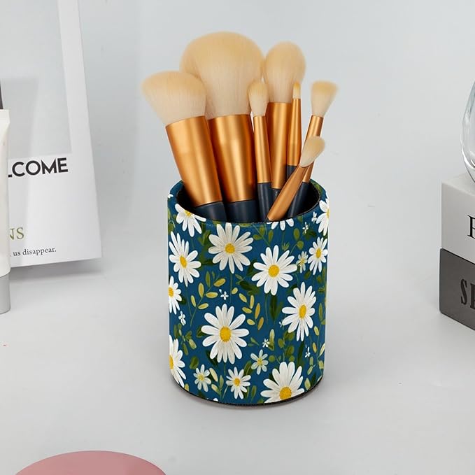Leather Pen Holder for Desk Small Daisies Leaf Pencil Cup Desktop Organizer Makeup Brush Holders Office Supplies for Home, Kids & School