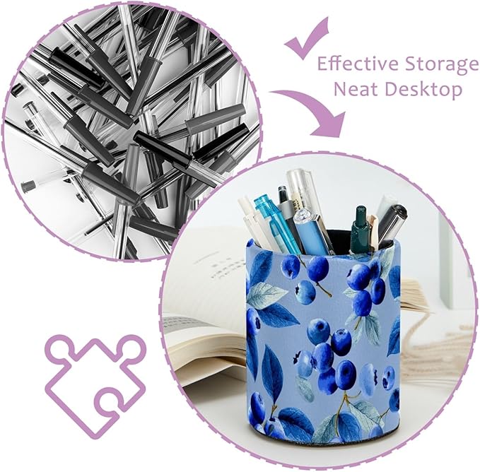 Leather Pen Holder for Desk Blueberry Blue Pencil Cup Desktop Organizer Makeup Brush Holders Office Supplies for Home, Kids & School