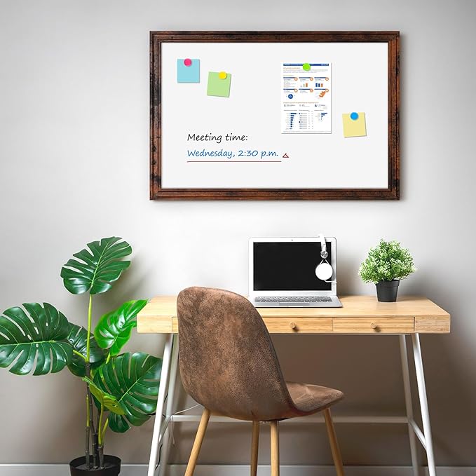 Large White Board for Wall, 36'' x 24'' Magnetic Dry Erase Board, Decorative Whiteboard, Brown Vintage Wooden Frame