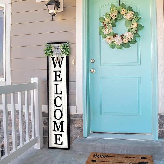 LuZhiQiang Front Porch for Welcome Standing Sign 45"X9" Vertical Tall Long Leaner Outdoor Front Door Wood Framed Decor (Black)