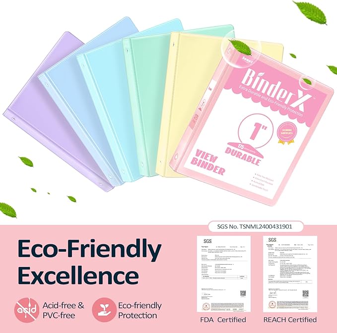 BinderX Extra Durable 3 Ring Binder, Round Ring 1 Inch Binders, Fits 175 Sheets of 8.5x11 Paper, Customizable View Cover with Inside Pockets, Cute 1" Binder, School Supplies for Girls, White