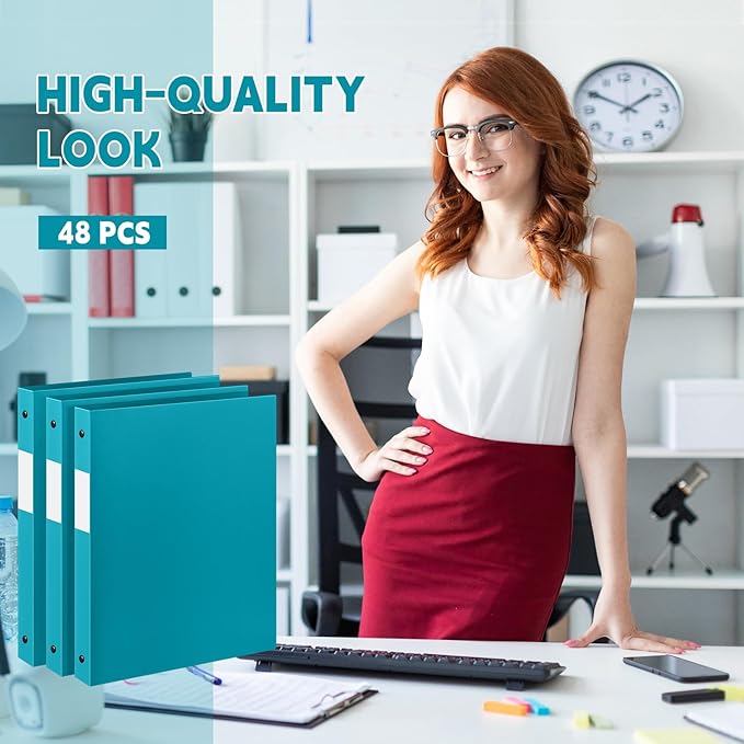 Henoyso 48 Pcs 3 Ring Binder 0.5 Inch Round Fits Letter Size 8.5'' x 11'' Paper Plastic Flexible Binder Bulk Holds 140 Sheets with 1 Pockets Versatile Organizer for Home Office School (Turquoise)
