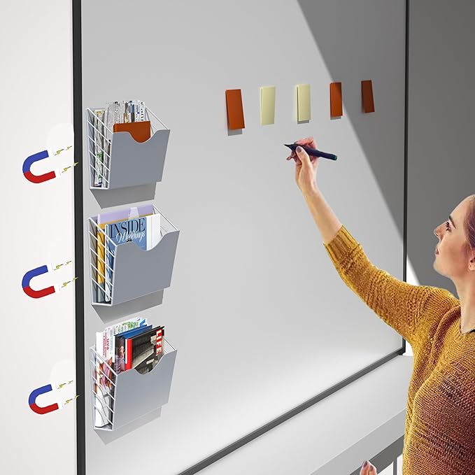 3-Pocket Magnetic File Holder - Wall Mount Mail Organizer for File Cabinets, Refrigerators, Whiteboards (Silver)