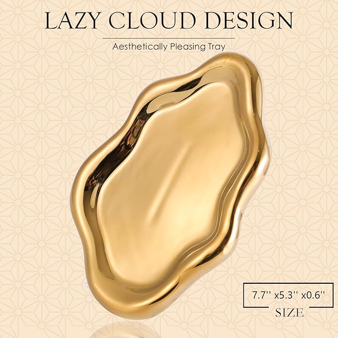 CCINPPY Ceramic Jewelry Tray Trinket Dish, Decorative Cloud Vanity Key Tray for Women, Ring Holder Dish, Cute Jewelry Plate Bowl Room Decor Aesthetic, Gold, Medium