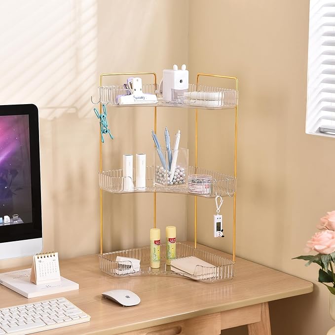 Trdongxu 3-Tier Corner Bathroom Organizer Countertop with Hooks, Bathroom Sink Corner Vanity Storage for Makeup, Skincare and Perfume (White Gold)
