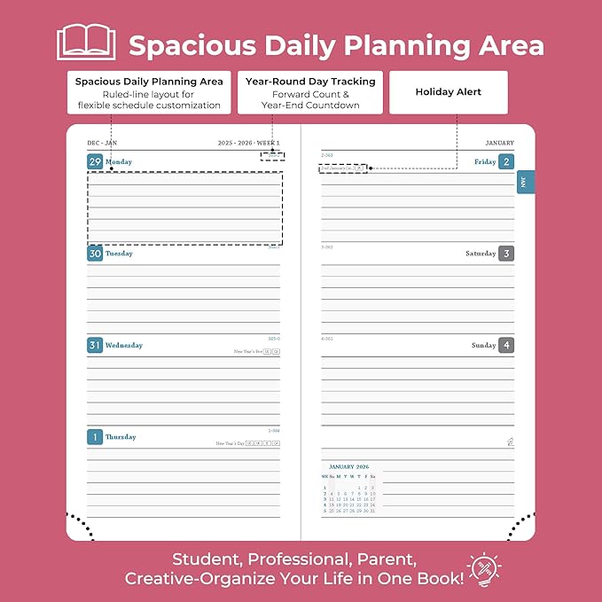 IN-LUXPRO Planner 2026 Daily Weekly and Monthly,6.5"x3.75",12 Months Spiral Bound Calendar Agenda with Self-adhesive Pen Holder,2026 Appointment Book with Vegan Leather Soft Cover,Rose Red