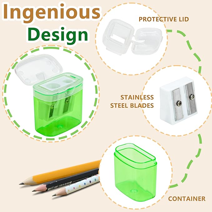 AUSTARK 24Pcs Pencil Sharpener Manual, Assorted Color Small Dual Hole Pencil Sharpeners Bulk with Lid with Lid for School Office Home (Rectangle-24)