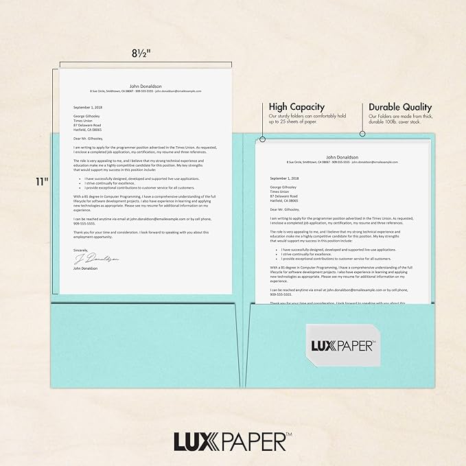 LUXPaper 9" x 12" Presentation Folders | Two Pocket | Seafoam Blue | 100lb. Cover | 10 Qty