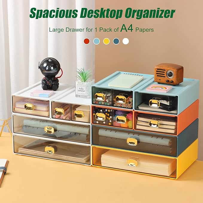OSteed Spacious Desktop Storage Box, 1 Large 1 Middle & 2 Small Storage Drawers, Stackable Office Desk Drawer Organizer and Accessories, Printer Paper Organizer, White Plastic Drawers for Workspace