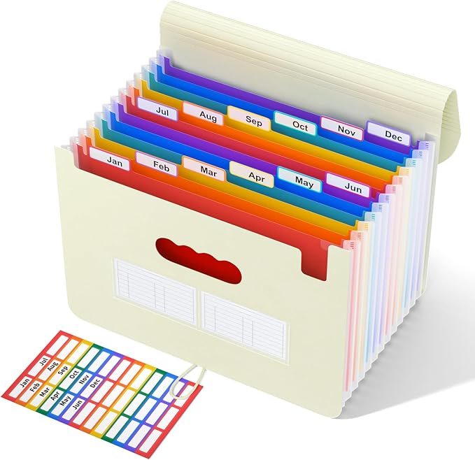 ABC life 12-Pocket Accordion File Organizer, Expandable File Folder with Colorful A-Z Tabs, Portable Bill & Receipt Organizer, Desktop Letter/A4 Paper Document Storage for Home & Office- Beige Color