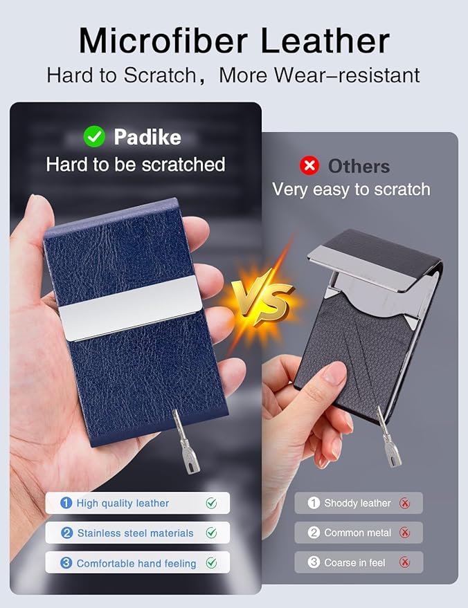 Padike Professional Business Card Holder PU Leather Business Card Case Name Card Holder Slim Metal Pocket Card Holder with Magnetic Shut (Z-Blue)