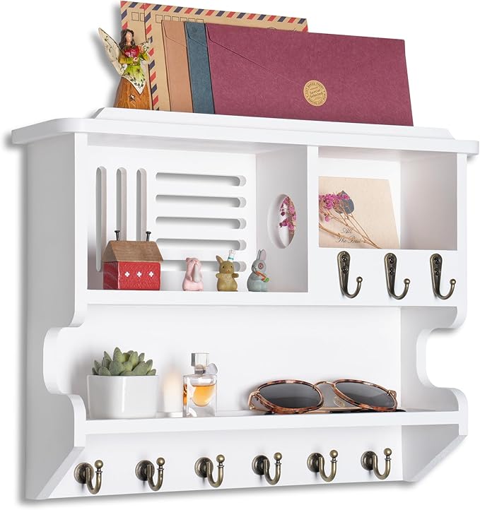 Mutsault Key Holder for Wall, Mail and Key Holder for Home Decor, Key and Mail Holder for Wall with Key Hooks, White