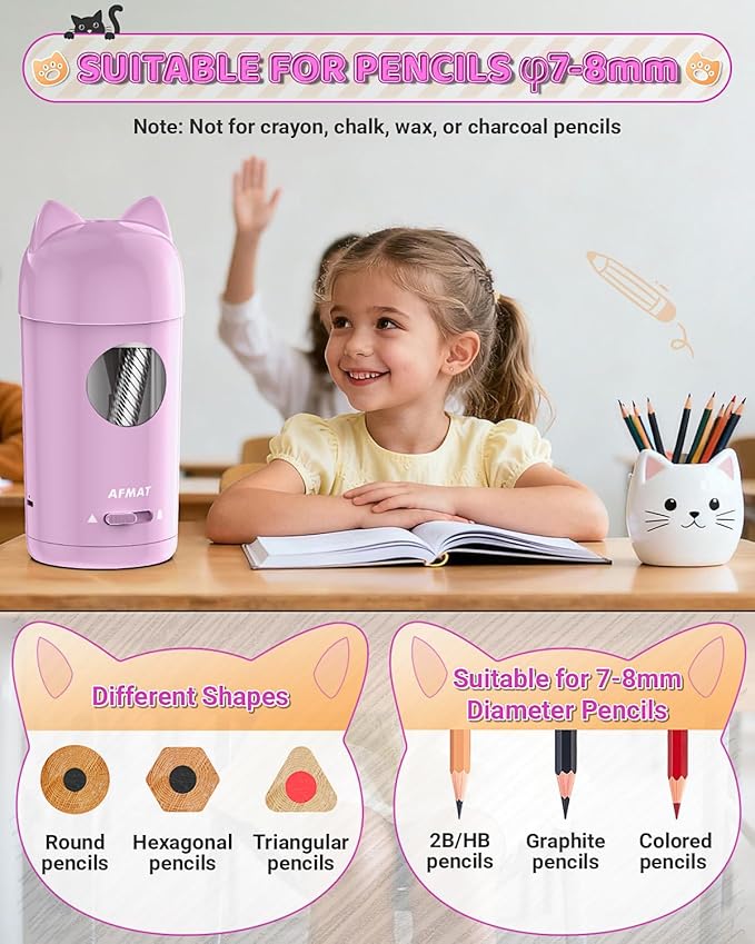 AFMAT Electric Pencil Sharpener, Automatic Pencil Sharpener, Auto in & Out, Colored Pencil Sharpeners for φ7-8mm Pencils, Rechargeable & Cordless, Battery Powered for Classroom Home School PSX9