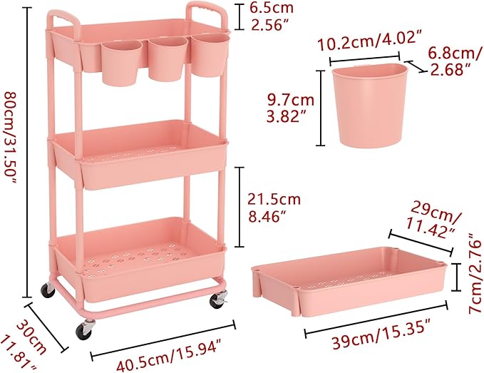 JIUYOTREE 3-Tier Plastic Rolling Storage Cart Utility Cart with Extra Hanging Cups Handles Lockable Wheels for Living Room Bathroom Kitchen Office Pink
