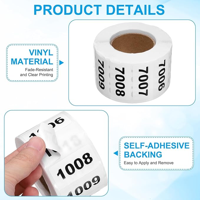 PATIKIL 0.8 x 1.6 Inch Inventory Number Sticker, 2 Roll 7001 to 8000 Consecutive Number Labels Self-Adhesive Labels Tag 1000 Stickers for Office Warehouse Numbering Classification, Black