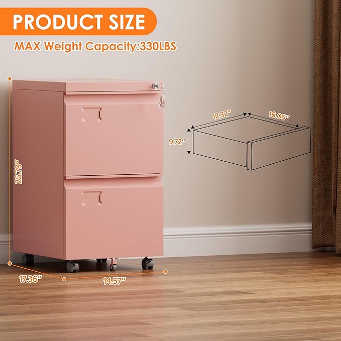 METAN 2 Drawer Vertical File Cabinet with Lock, Mobile Metal Filing Cabinet for Legal/Letter Size, Office Storage File Cabinet Under Desk with Card Holder,Assembly Required,Pink