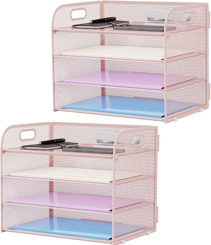 Marbrasse 2 Pack 4 Tier Paper Organizer Letter Tray - Mesh Desk File Organizer with Handle, Paper Sorter Organizer for Letter/A4 Office File Folder Holder (Pink, 12.6" x 9.1" x 10.7")