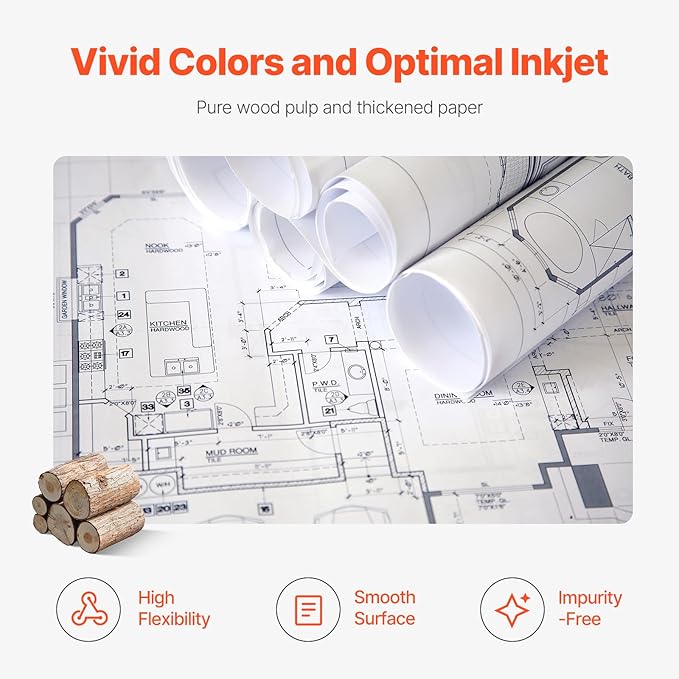 VEVOR Wide Format Paper, 36 in x 150 ft Plotter Paper, 4 Rolls CAD Bond Rolls with 2 in Core, 20 LB Bond Paper Rolls, Idea for CAD Drawings, Engineering Plans, GIS Maps & Architectural Designs