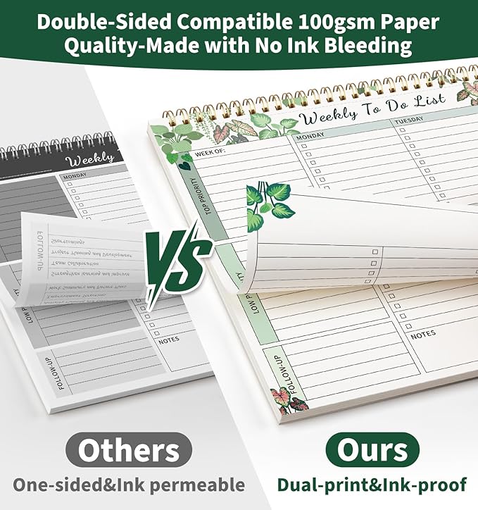 104 Pgs Weekly To Do List Notepad, 52 Duplex-Printed Undated Sheets 100 GSM（8.5"×11") Weekly Desk Planner For Work Home School Office Desk Accessories Supplies & Goal Setting Tasks - Green Foliage