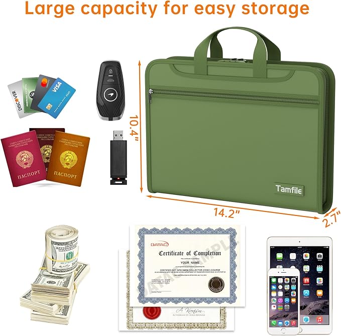 5200℉ Fireproof Accordion File Organizer with Lock, Thickened Document Organizer 13 Pocket with Zipper & Labels, Important Document Organizer, Expanding File Folder with Handle for Letter A4 (Green)