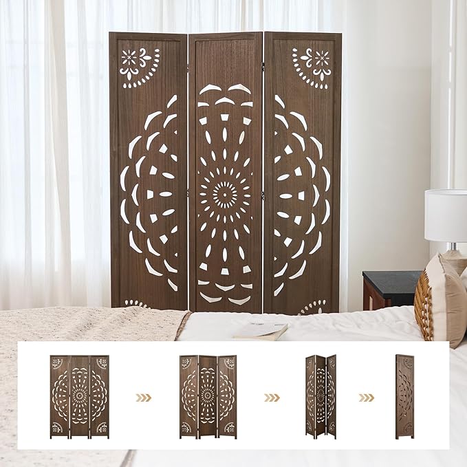 66.9Inch Wooden Room Partition - 3 Panels Boho-Styled Space Room Divider for Home/Office, Headboard & Yoga/Photo/Video Call Backdrop (Brown)