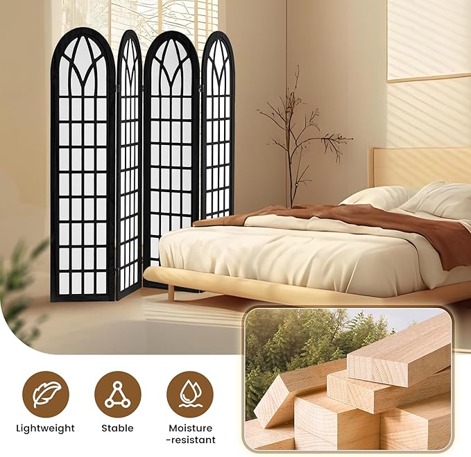 ALeesing Folding Room Divider Privacy Screen Freestanding 4-Panel Shoji Style Wooden Frame Decorative Partition Wall for Bedroom Office Apartment Black