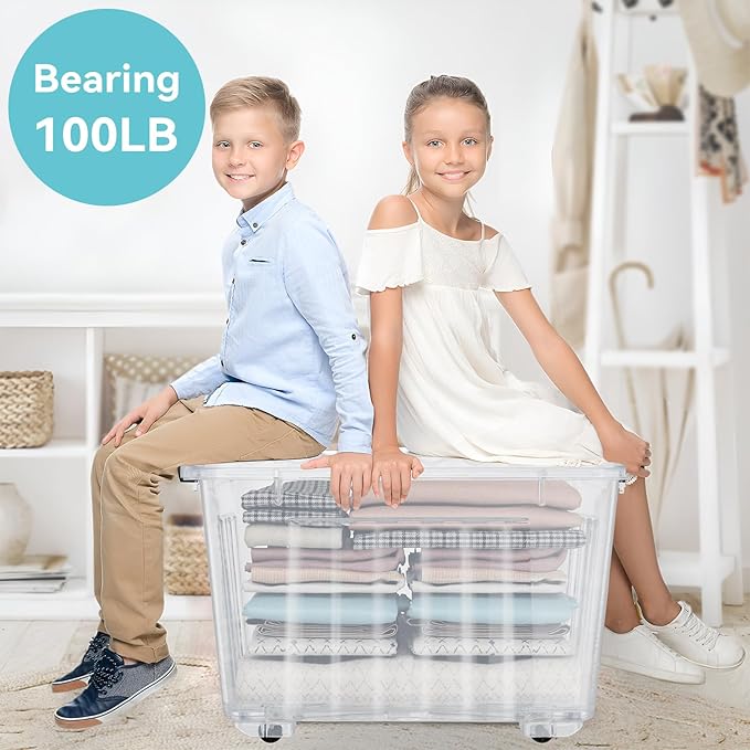Nazhura 97 Quart Plastic Storage Bin, Stackable and Nestable Storage Boxes with Lids and Secure Latching Buckles, Large Storage Container (Clear, 97Quart-4Pack)