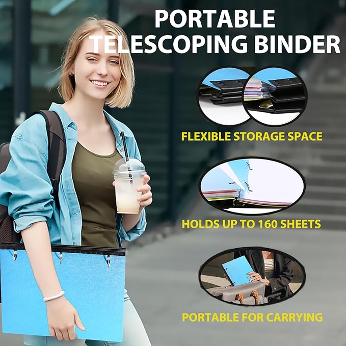 MAKHISTORY Telescoping 3 Ring Binder-4PCS, Flexible Binder with Elastic Rubble Spine+3 Round Rings, Flat Writing Binder, 4 Bright Colors
