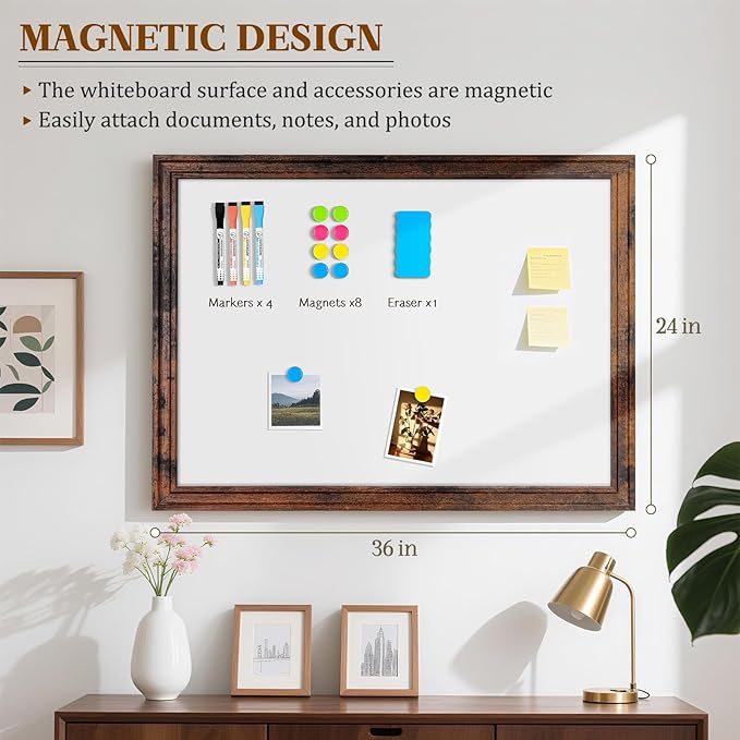 Large White Board for Wall, 36'' x 24'' Magnetic Dry Erase Board, Decorative Whiteboard, Brown Vintage Wooden Frame