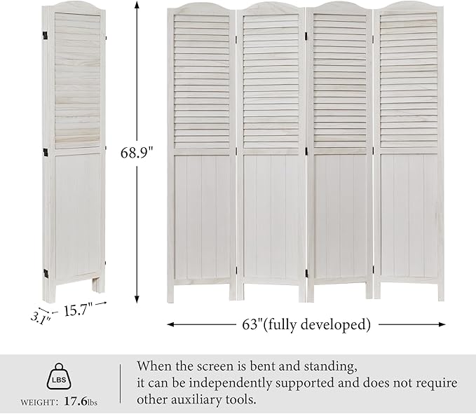 Room Dividers, 5.75Ft Individual Privacy Screens Foldable Wooden Louver & MDF Stable Wall Divider for Home Office Bedroom, 4 Panels (White-Washed)