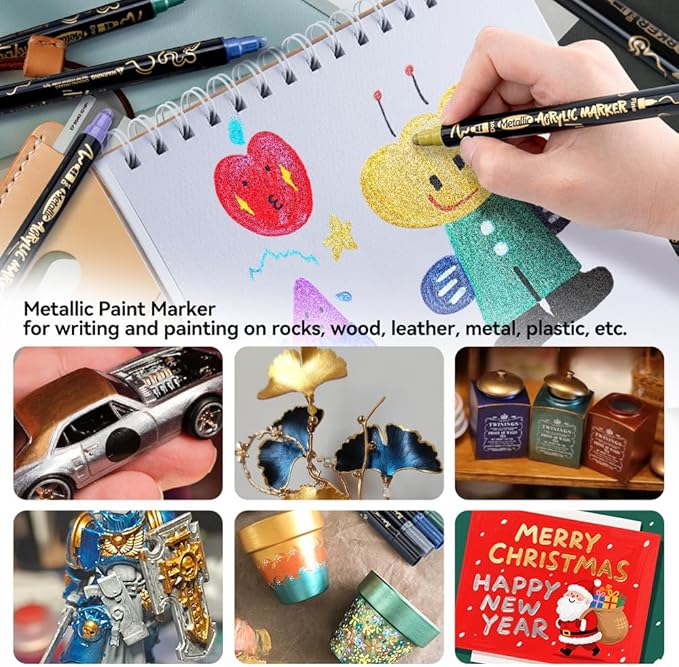 TRANSON 12Colors Metallic Paint Markers Bold and Fine Dual-tip for Rock Wood Ceramic Canvas DIY Painting Drawing