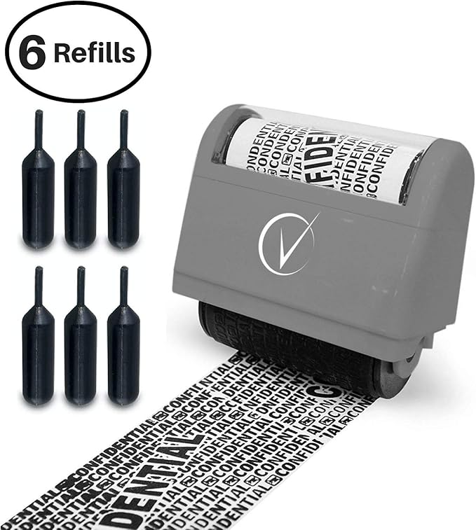 Vantamo Identity Theft Protection Roller Stamp for Hiding Sensitive Information, Wide Confidential Stamp with 6 Ink Refill, Security Stamp Roller for Identity Theft Prevention, Classy Gray
