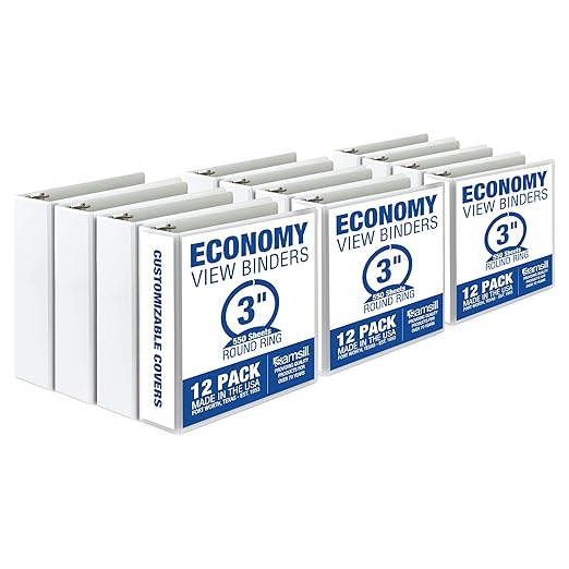 Samsill 3 Inch 3 Ring Binders, Made in USA, Economy Round Ring, Clear View Cover, 550 Sheet Capacity - for School, Home, Office - White, 12 Pack