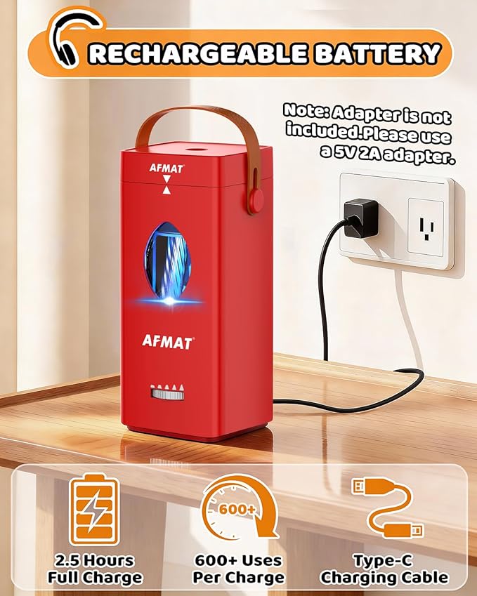 AFMAT Electric Pencil Sharpener, Rechargeable & Cordless, Fully Automatic Pencil Sharpener for Classroom, Auto in & Out, 5 Sharpness Modes, Heavy Duty Sharpeners for 6-12mm No.2/Jumbo Pencils PSC7