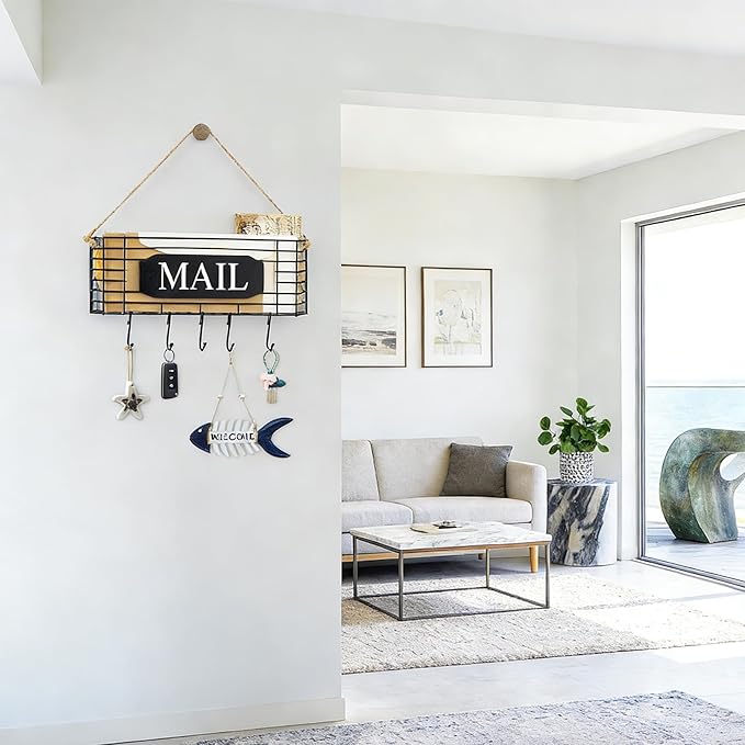 SRIWATANA Rustic Mail Key Holder, Mail Organizer Wall Mount with 5 Hooks Large, Black