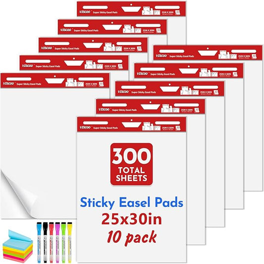 VISCOO Thickened Sticky Easel Pad, 25 x 30 Inches Large Chart Paper for Teachers, 10 Pads Self Stick Easel Paper for White Board, White Sticky Anchor Chart Paper, with Sticky Note, 300 Sheets/10 Pads