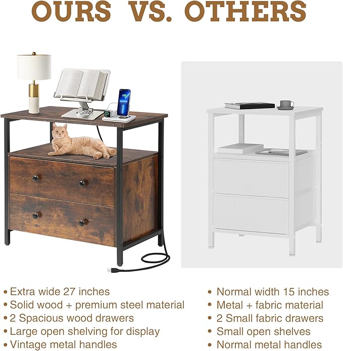Edbuosy 27 inch Wide Night Stand with Charging Station, Bedside Table with Open Shelf, 2 Drawers Small Wood Dresser, Modern Wood Nightstand for Bedroom/Living Room (Rustic Brown)