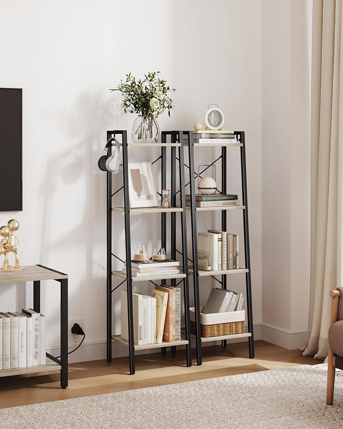 Hzuaneri Ladder Shelf, Bookshelf Bookcase, Freestanding Corner Storage Shelve with 2 Hooks for Home Office, Living Room, Kitchen, Bedroom, Industrial, 11.8" D x 13.4" W x 47.2" H, Greige BC13205B