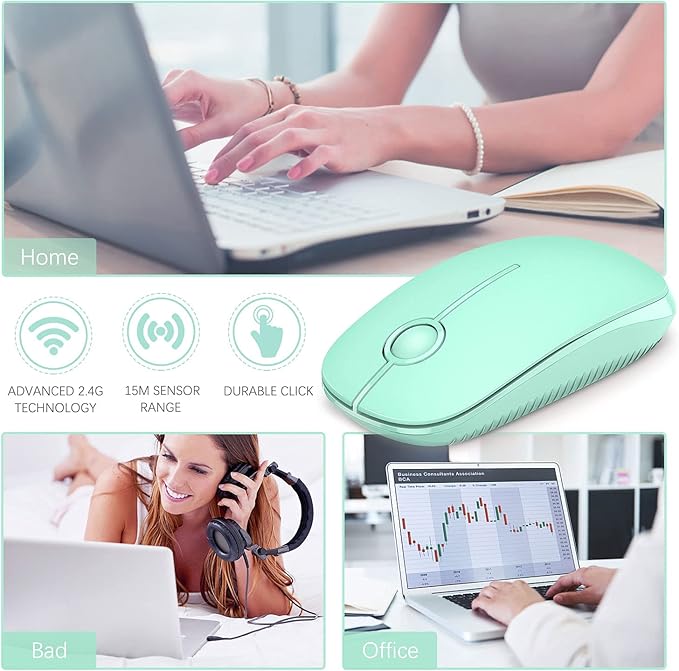 VssoPlor Wireless Mouse, 2.4G Slim Portable Computer Mice with Nano Receiver for Notebook, PC, Laptop, Computer (Mint Green)