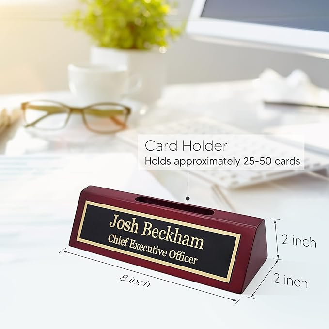 Business Wood Name Plate for Desk | Custom Desk Name Plate Personalized Gift for Office, The Perfect Engraved Name Plaque By Engraving International (2" x 8" With Card Holder, Rosewood Piano Finish)