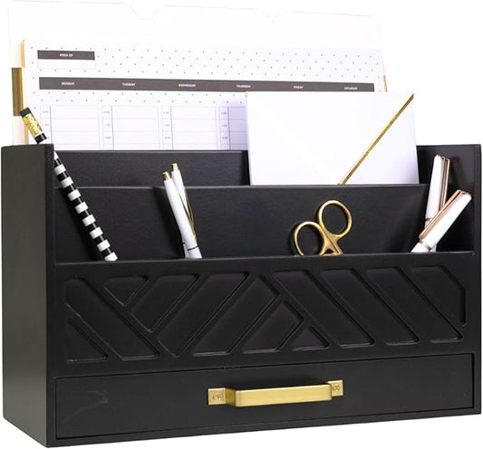 BLU MONACO | Wooden Mail Organizer with Drawer and Gold Handle | Mail Sorter Organizer Countertop for Desk | Outgoing Mail Holder and Letter Sorter for Desk Storage