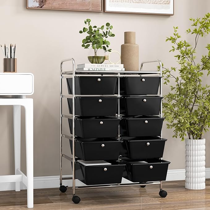 GLACER 10 Drawer Rolling Cart, Storage Cart with Lockable Whieels & Metal Frame, Trolley for Art Craft Oganizer, Mobile Utility Cart for Office, School, Classroom, Kitchen (Black)